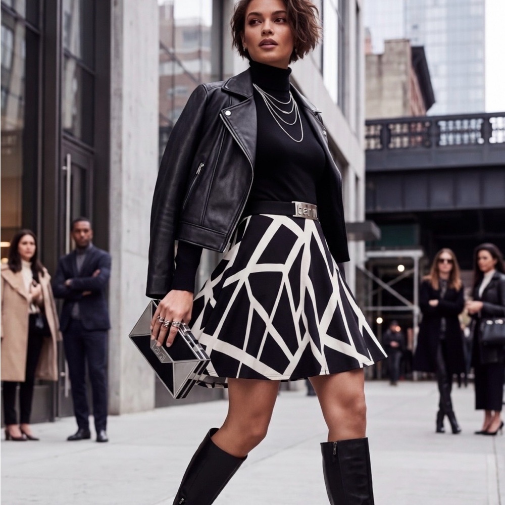 Bar III Black & White Graphic Circle Skater Skirt